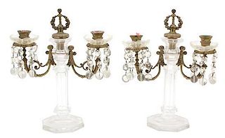 A Pair of Louis XVI Gilt Metal and Cut Crystal Two-Light Candelabra Height 14 inches.