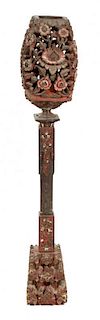 A Chinese Carved and Polychromed Wood Torchere Height 51 inches.