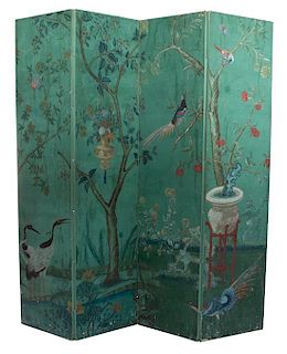 A Chinese Four-Panel Painted Floor Screen Height 110 x width 26 inches each.
