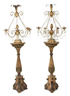 A Pair of Italian Six-Light Gilt Metal and Cut Crystal Candelabra Height 72 inches.