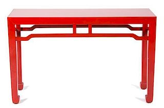A Pair of Chinese Red Lacquer Altar Tables Height 30 x width 48 x depth 15 3/4 inches.