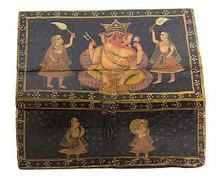An Indian Painted Wood Bridal Box Height 11 1/2 x width 14 x depth 11 inches.