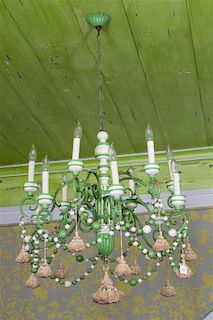 A Pair of Painted Wood and Metal Twelve-Light Chandeliers Height 43 inches.