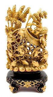 A Pair of Chinese Pierce Carved and Gilded Wood Sculptures Height 19 inches.