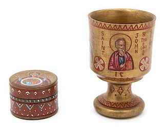 A Group of Three Russian Lacquer Articles Height of tallest 6 3/4 inches.