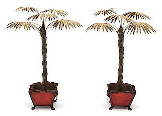 A Pair of Painted Tole Palm Trees Height 16 inches.