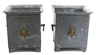 A Pair of English Brass Mounted Lead Jardinieres Height 10 1/2 inches.