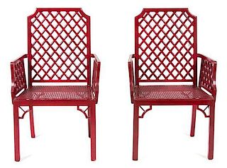 A Pair of Red Lacquer Trellis Back Cane Seat Armchairs Height 39 inches.