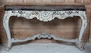 A Pair of Louis XV Style Carved and Painted Marble Top Console Tables Height 30 1/2 x width 55 inches.