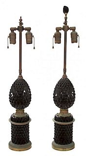 A Pair of Neoclassical Style Black Cut Glass and Gilt Metal Lamps Height 28 inches.