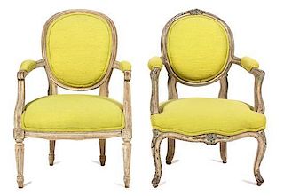 A Pair of Louis XV Style Carved and Painted Oval Back Fauteuils Height 34 inches.