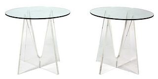 A Pair of Lucite Base Glass Top Side Tables Height 28 x diameter 29 inches.