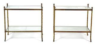 A Pair of Contemporary Gilt Metal Two Tier Glass Side Tables Height 24 inches.