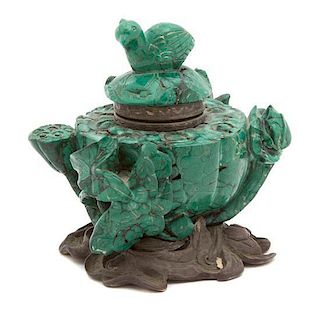 A Chinese Carved Malachite and Silver Mounted Inkwell Height 4 inches.