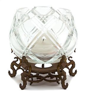 A Cut Crystal Bowl in Gilt Metal Stand Height 9 inches.