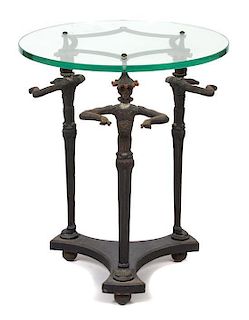 A French Empire Style Bronze Figural Side Table Height 24 x diameter 19 inches.