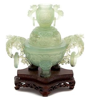 A Chinese Carved Jadeite Covered Censer Height 6 1/4 inches.