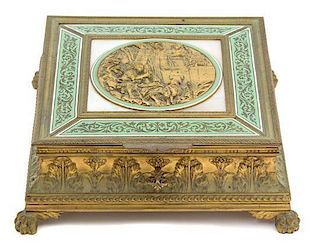 A French Gilt Bronze Covered Box with Enamel Decoration Height 3 x 8 1/2 inches squared.