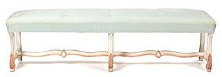 A Louis XV Style Painted and Upholstered Bench Height 20 x width 65 x depth 18 inches.