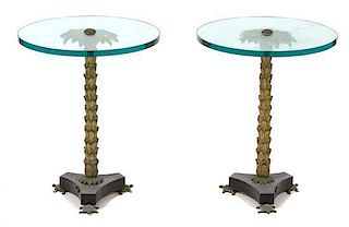A Pair of Empire Style Gilt Metal Palm Tree-Form Glass Top Tables Height 20 inches.