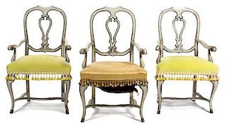 A Group of Three Venetian Style Painted Armchairs Height 42 inches.