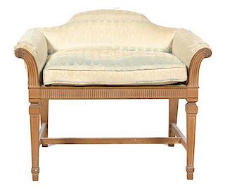 A Louis XV Style Upholstered Bench with Scrolled Arms Height 22 x width 30 x depth 19 inches.