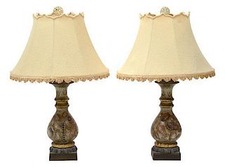 A Pair of Decoupage Glass Table Lamps Height 30 inches.
