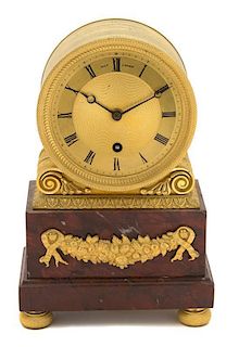 An English Regency Gilt Bronze and Marble Drum Clock Height 8 1/2 inches.