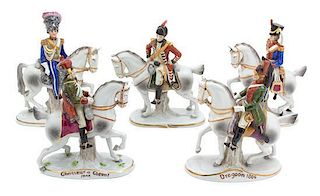 A Group of German Polychrome and Gilt Porcelain Mounted Napoleonic Cavalry Height 7 inches.
