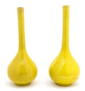 A Pair of Yellow Glazed Porcelain Vases Height 15 inches.