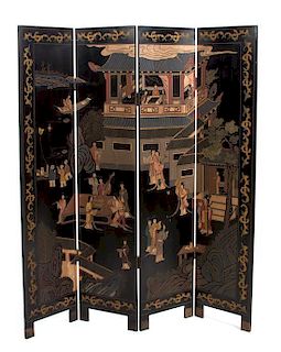 A Chinese Four Panel Coromandel Screen Height of each 72 x width 16 inches.