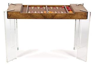 A Lucite and Burlwood Game Table Height 29 x width 46 x depth 23 inches.