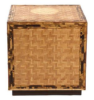 A Woven Bamboo and Rattan Side Table Height 24 1/2 x width 24 1/2 x depth 24 1/2 inches.