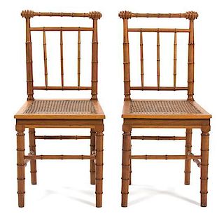 A Pair of Victorian Faux Bamboo Side Chairs Height 34 inches.