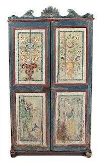 A Continental Painted Pine Two Door Cabinet Height 75 x width 52 x depth 20 inches.