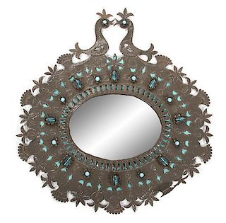 An Indian Pierced Silvered Metal and Jeweled Mirror Heigh 26 x width 24 inches.
