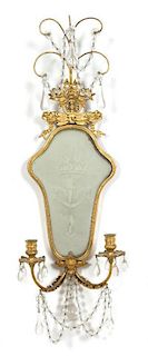 A Louis XV Style Gilt Metal and Etched Mirrored Two-Light Wall Sconce Height 23 inches.