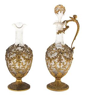 Two French Gilt Metal Mounted Crystal Carafes Height 10 inches.