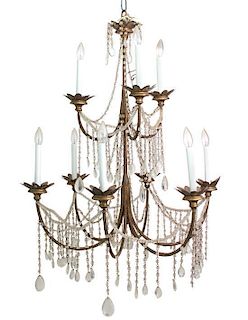 A Nine-Light Gilt Metal Two-Tier Chandelier Diameter 36 inches.