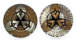 A Set of Art Deco Painted Glass Plates Diameter 10 1/2 inches.
