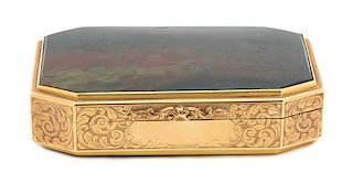 An English 18 Karat Gold and Bloodstone Mounted Covered Box Width 4 3/4 inches.