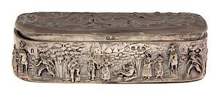 An English Silver Oval Box, Birmingham, England, 1897, the sides have a continuous scene of figures in village, the top inscr