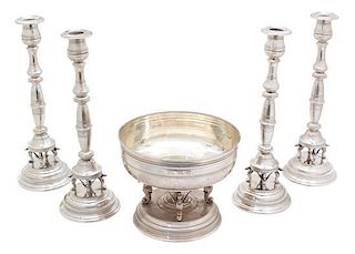 A Five Piece American Silver Table Garniture Height of candlesticks 12 1/2 inches.