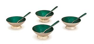Eight Danish Silver and Green Enamel Open Salts, Volmer Bahner, with matching spoons