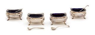 Four American Silver Footed Open Salts, Fisher Silversmiths Inc., Jersey City, NJ, having blue glass inserts