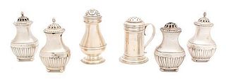 Three Pairs of English Silver Standing Salts and Peppers, Various Makers, comprising four matching by John & William Deakin, 