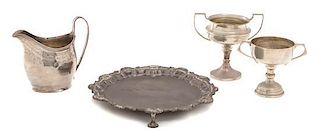 Four Miscellaneous English Silver Articles, Various Makers, comprising a Georgian footed salver, 1822; a Georgian bright-cut 