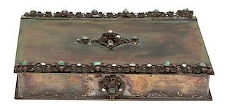 A Jeweled Silver-Plate Book-Form Covered Box Height 6 1/4 x width 5 1/4 x depth 5 1/4 inches.