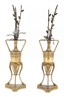 A Pair of Gilt Metal Miniature Amphora Urns Height 10 1/2 inches.