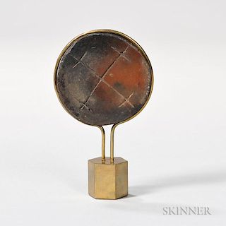 Wooden Lip Plate, Africa, on brass stand, plate dia. 3 in.  Provenance: Purchased at auction in Ohio.